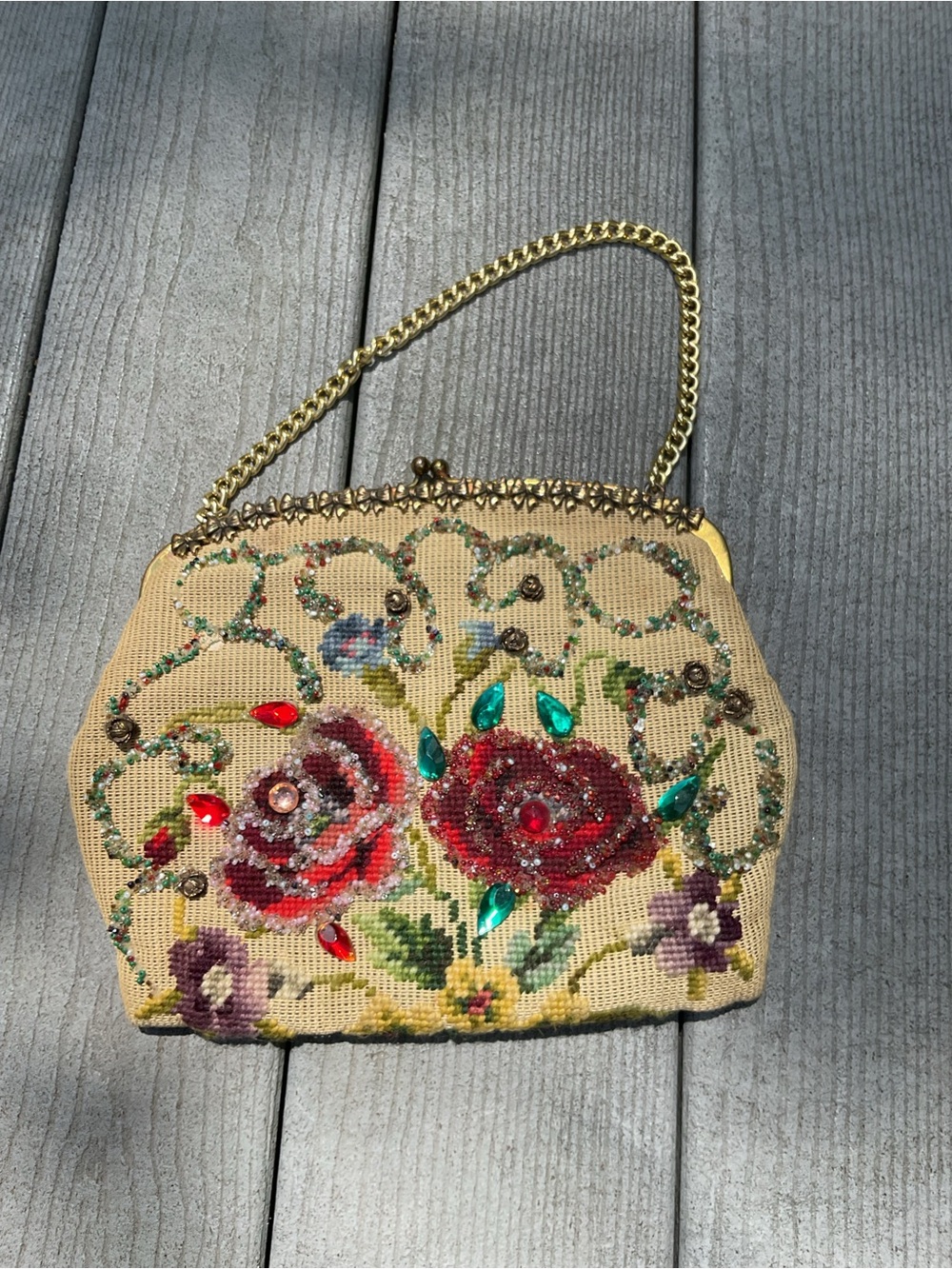 Vintage SOURE New York Beaded & gem needlepoint Floral Bag kiss lock